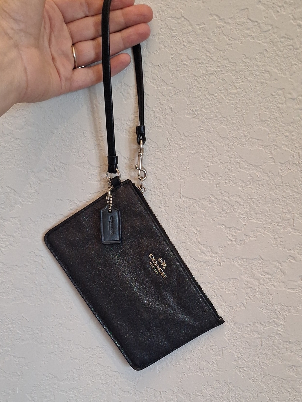 Coach Black Glitter Leather Wristlet  Sparkle Grunge Punk Classic